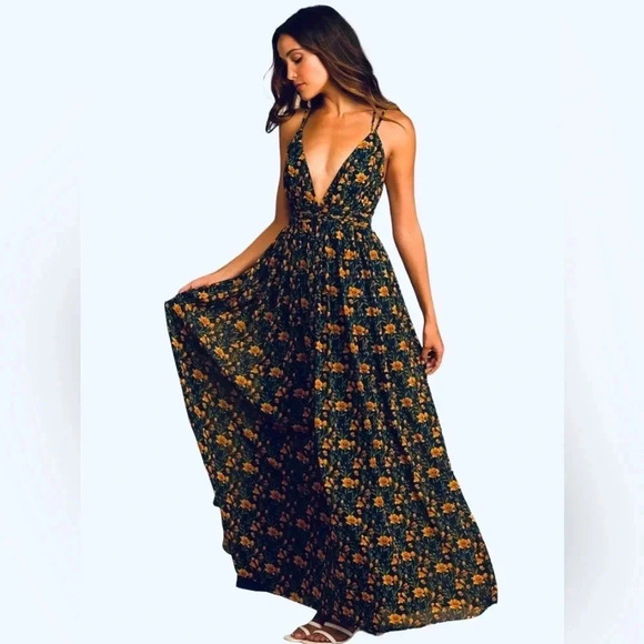 LULU’S Womens Full of Joy Navy Blue Floral Print Flowy Maxi Summer Dress Size M - Picture 1 of 15
